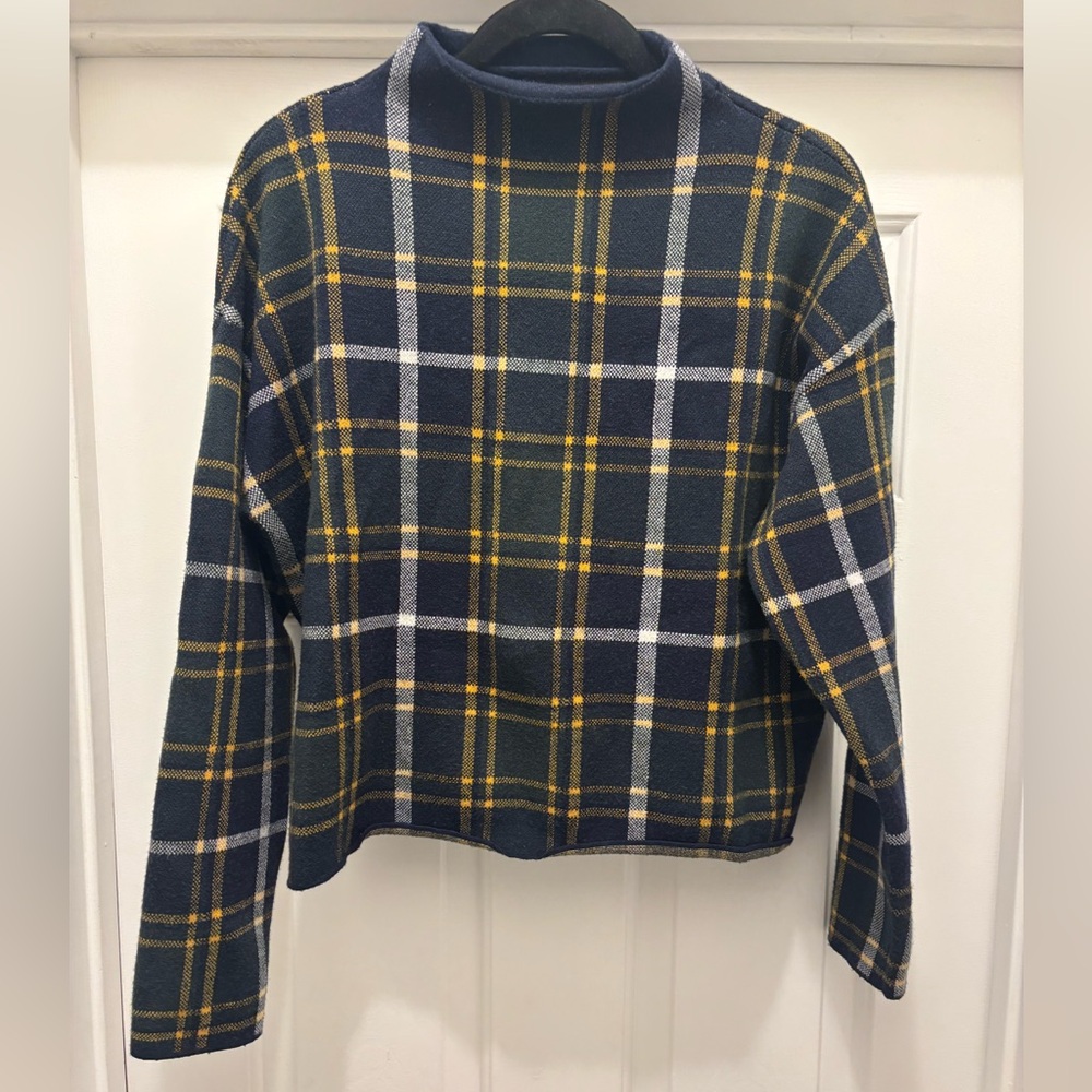 Nicole Miller | Women’s Navy Plaid Cropped Sweater Mock Neck Size Large